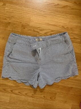 British Khaki Blue and White Striped Scallop-Hem High Waist Shorts